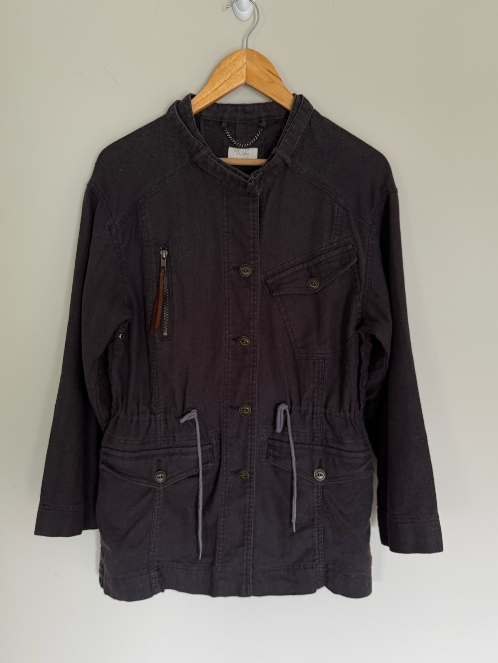 Wrap London Dark Charcoal Gray Utility Cargo Jacket Linen Blend Grunge Sz 4